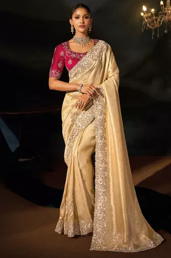 Cream kanjivaram jacquard zari, sequins, cut-dana with moti heavy hand work saree with blouse