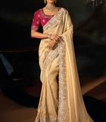 Cream kanjivaram jacquard zari, sequins, cut-dana with moti heavy hand work saree with blouse