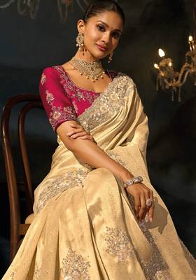 Cream kanjivaram jacquard zari, sequins, cut-dana with moti heavy hand work saree with blouse 2
