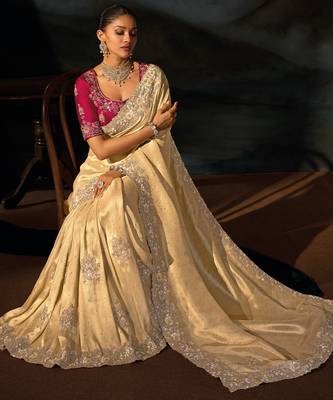 Cream kanjivaram jacquard zari, sequins, cut-dana with moti heavy hand work saree with blouse 3