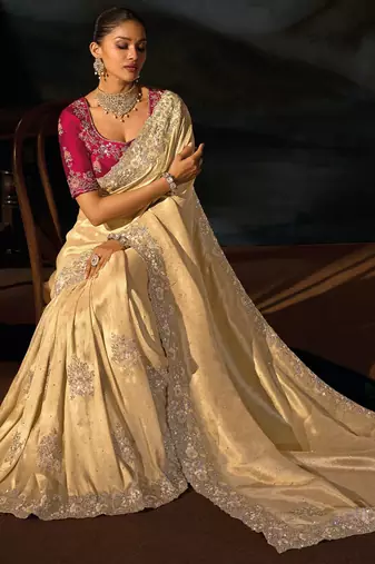 Cream kanjivaram jacquard zari, sequins, cut-dana with moti heavy hand work saree with blouse