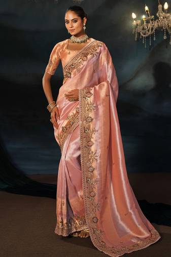 peach madhuri silk blend zari, thread, cut-dana with jardoshi heavy hand work saree with blouse