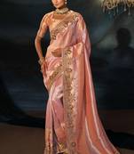 peach madhuri silk blend zari, thread, cut-dana with jardoshi heavy hand work saree with blouse