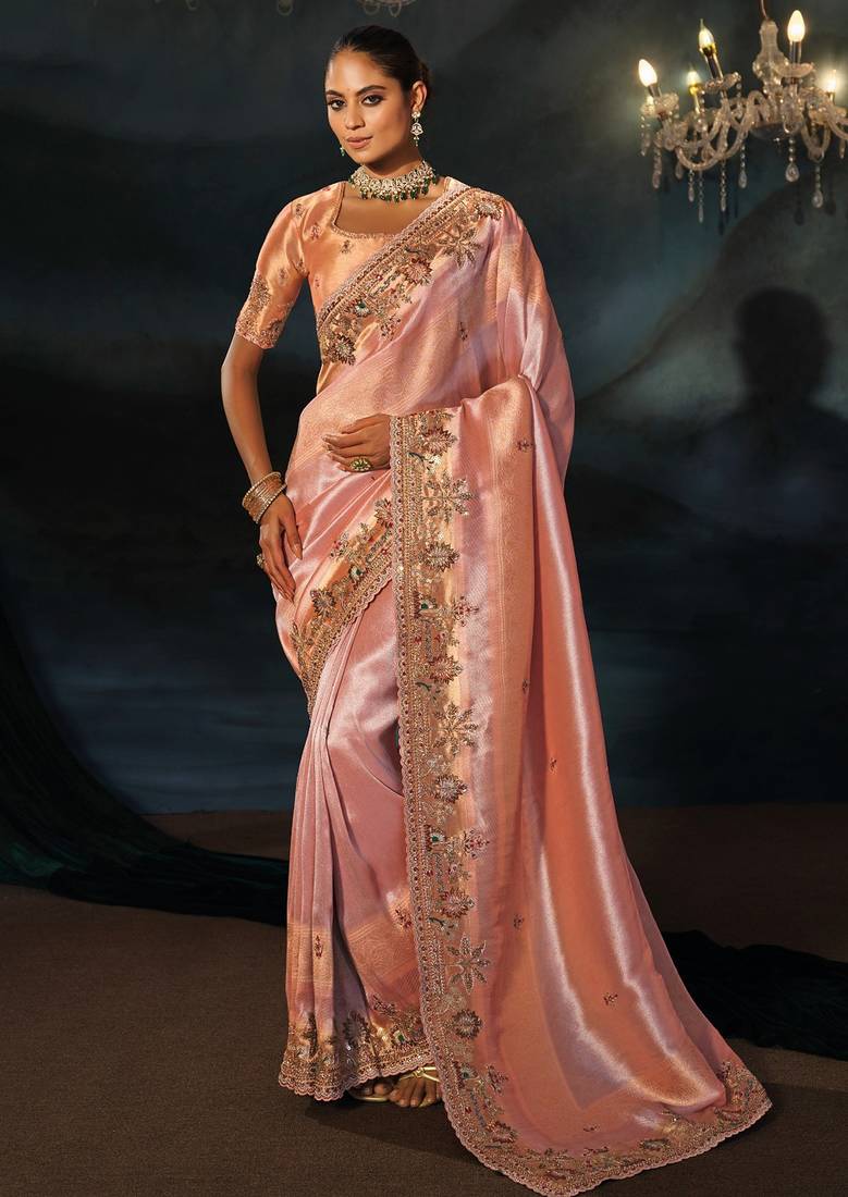 peach madhuri silk blend zari, thread, cut-dana with jardoshi heavy hand work saree with blouse