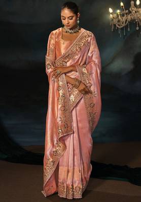 peach madhuri silk blend zari, thread, cut-dana with jardoshi heavy hand work saree with blouse 2
