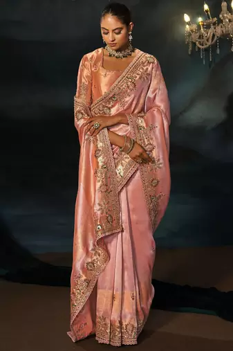 peach madhuri silk blend zari, thread, cut-dana with jardoshi heavy hand work saree with blouse