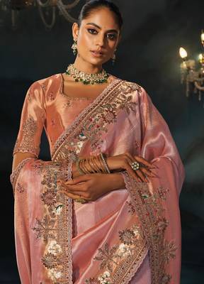 peach madhuri silk blend zari, thread, cut-dana with jardoshi heavy hand work saree with blouse 3