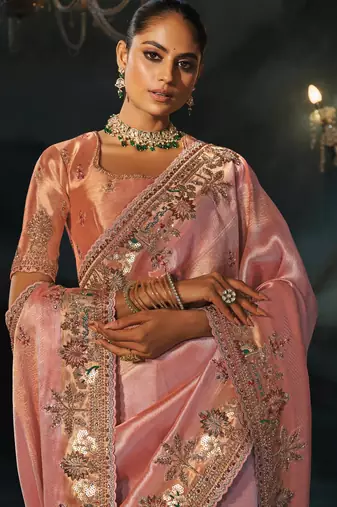 peach madhuri silk blend zari, thread, cut-dana with jardoshi heavy hand work saree with blouse