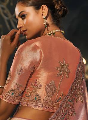 peach madhuri silk blend zari, thread, cut-dana with jardoshi heavy hand work saree with blouse 4