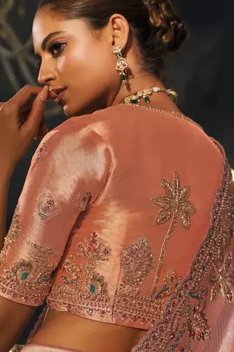 peach madhuri silk blend zari, thread, cut-dana with jardoshi heavy hand work saree with blouse