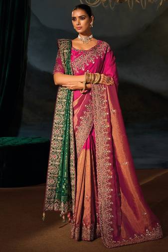 rani pink kanchipuram silk blend zari, thread, moti with cut-dana moti heavy hand work saree with blouse