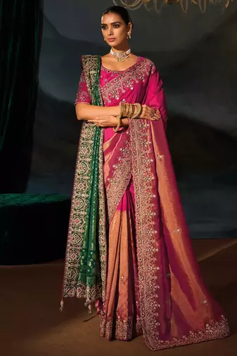 rani pink kanchipuram silk blend zari, thread, moti with cut-dana moti heavy hand work saree with blouse