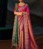 rani pink kanchipuram silk blend zari, thread, moti with cut-dana moti heavy hand work saree with blouse