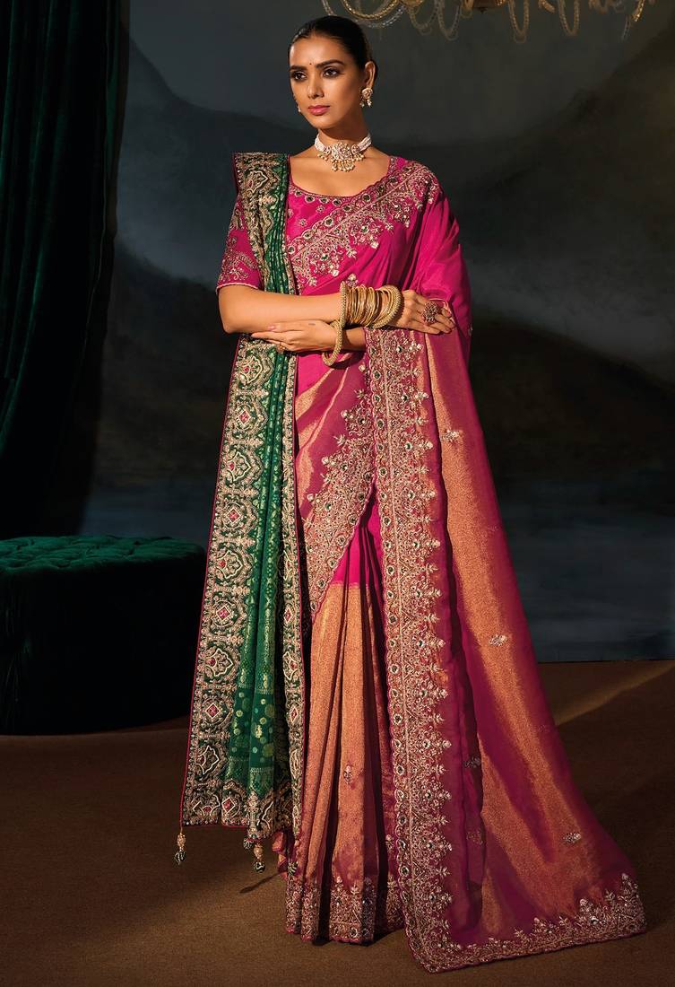 rani pink kanchipuram silk blend zari, thread, moti with cut-dana moti heavy hand work saree with blouse