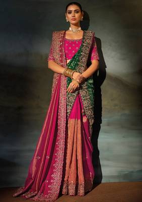 rani pink kanchipuram silk blend zari, thread, moti with cut-dana moti heavy hand work saree with blouse 2