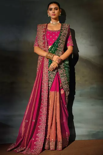 rani pink kanchipuram silk blend zari, thread, moti with cut-dana moti heavy hand work saree with blouse