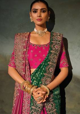 rani pink kanchipuram silk blend zari, thread, moti with cut-dana moti heavy hand work saree with blouse 3