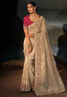 Chiku kanjivaram zari, thread, moti with cut-dana moti heavy hand work saree with blouse 1