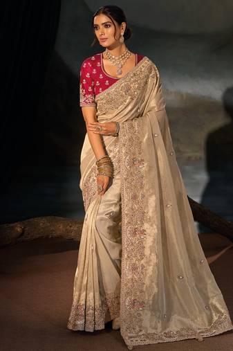 Chiku kanjivaram zari, thread, moti with cut-dana moti heavy hand work saree with blouse