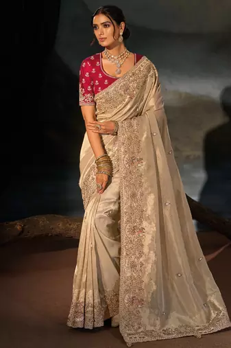 Chiku kanjivaram zari, thread, moti with cut-dana moti heavy hand work saree with blouse