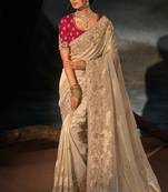 Chiku kanjivaram zari, thread, moti with cut-dana moti heavy hand work saree with blouse