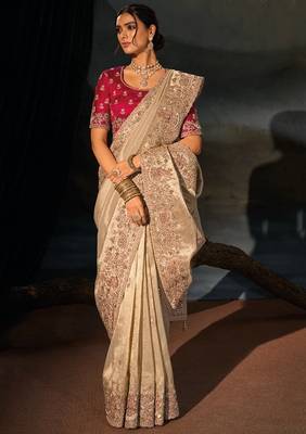 Chiku kanjivaram zari, thread, moti with cut-dana moti heavy hand work saree with blouse 2