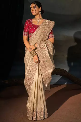 Chiku kanjivaram zari, thread, moti with cut-dana moti heavy hand work saree with blouse