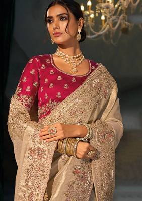 Chiku kanjivaram zari, thread, moti with cut-dana moti heavy hand work saree with blouse 3