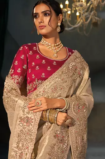 Chiku kanjivaram zari, thread, moti with cut-dana moti heavy hand work saree with blouse