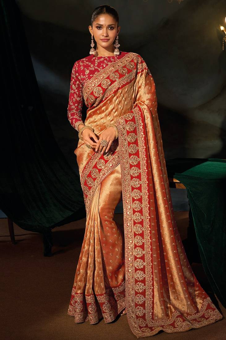 Rust sabyasachi cloth zari with sequins heavy hand work saree with blouse