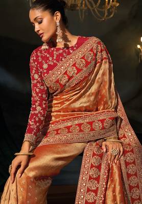 Rust sabyasachi cloth zari with sequins heavy hand work saree with blouse 2