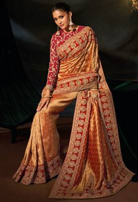 Rust sabyasachi cloth zari with sequins heavy hand work saree with blouse 3