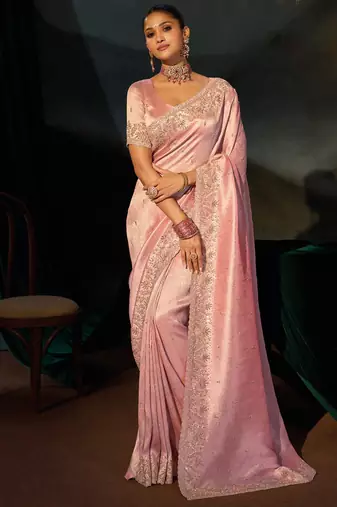 pink madhuri silk blend bead moti heavy work saree with blouse
