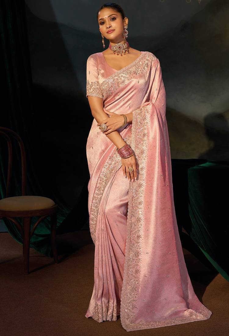 pink madhuri silk blend bead moti heavy work saree with blouse