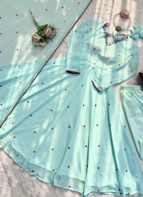 Sky blue thread embroidered georgette anarkali set 5