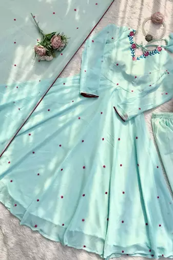 Sky blue thread embroidered georgette anarkali set
