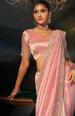 pink madhuri silk blend bead moti heavy work saree with blouse 3