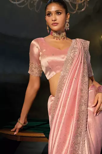 pink madhuri silk blend bead moti heavy work saree with blouse