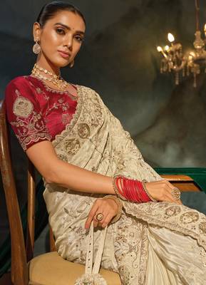 Cream kanjivaram zari, thread, zarkan, cut-dana with moti heavy hand work saree with blouse 2