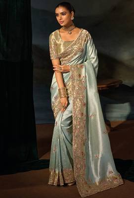 sky blue madhuri silk blend zari, thread, cut-dana with jardoshi heavy hand work saree with blouse 1
