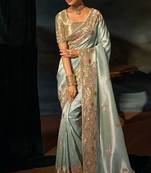 sky blue madhuri silk blend zari, thread, cut-dana with jardoshi heavy hand work saree with blouse