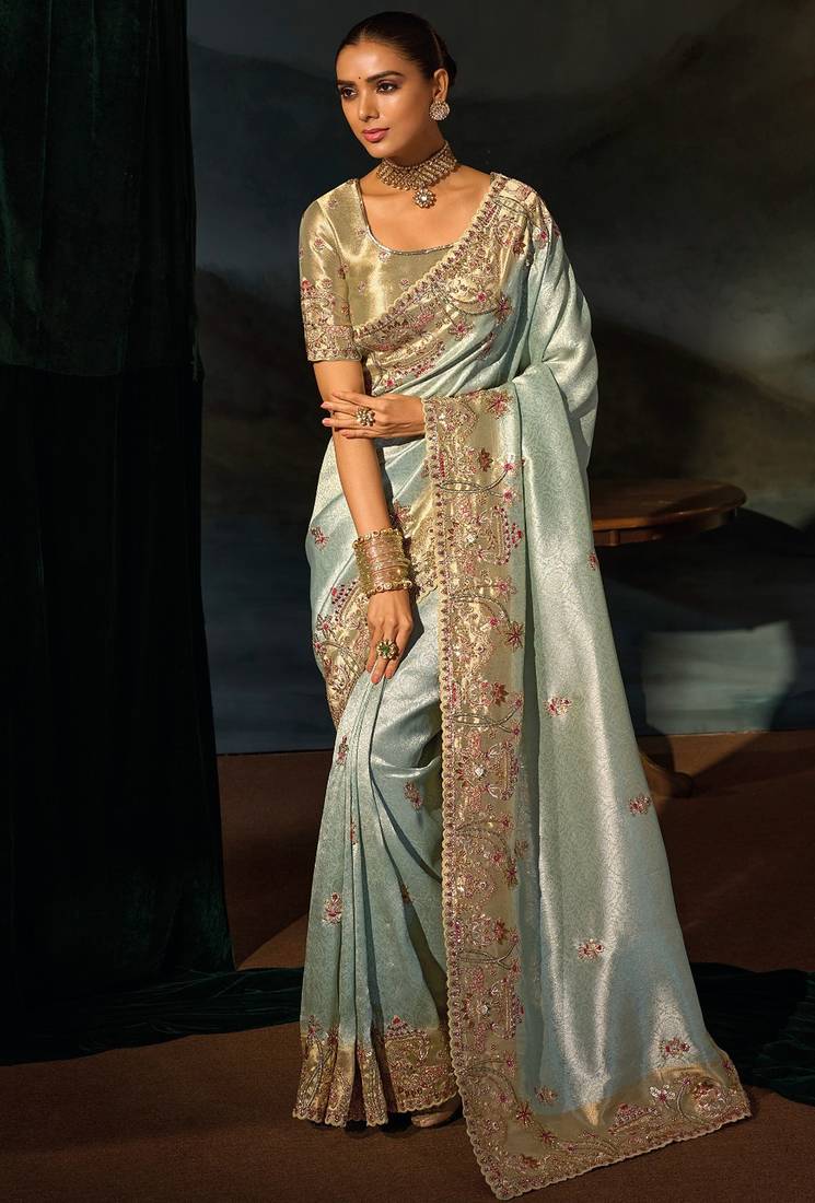 sky blue madhuri silk blend zari, thread, cut-dana with jardoshi heavy hand work saree with blouse