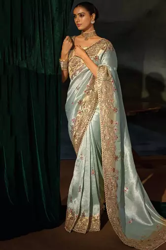 sky blue madhuri silk blend zari, thread, cut-dana with jardoshi heavy hand work saree with blouse