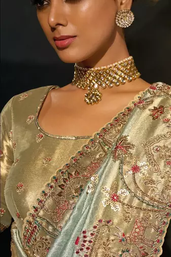 sky blue madhuri silk blend zari, thread, cut-dana with jardoshi heavy hand work saree with blouse