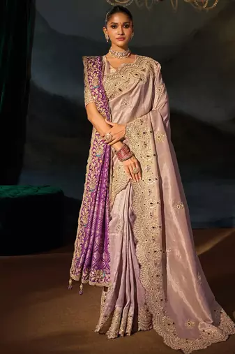 mauve tanchoi silk blend zari, cut-dana, moti with emerade heavy hand work saree with blouse