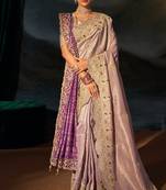 mauve tanchoi silk blend zari, cut-dana, moti with emerade heavy hand work saree with blouse