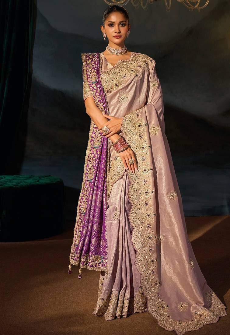 mauve tanchoi silk blend zari, cut-dana, moti with emerade heavy hand work saree with blouse