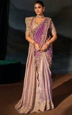 mauve tanchoi silk blend zari, cut-dana, moti with emerade heavy hand work saree with blouse 2
