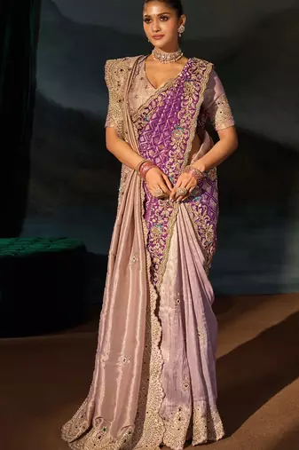 mauve tanchoi silk blend zari, cut-dana, moti with emerade heavy hand work saree with blouse
