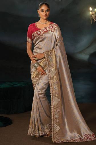 silver tanchoi silk blend zari, thread, moti with cut-dana moti heavy hand work saree with blouse